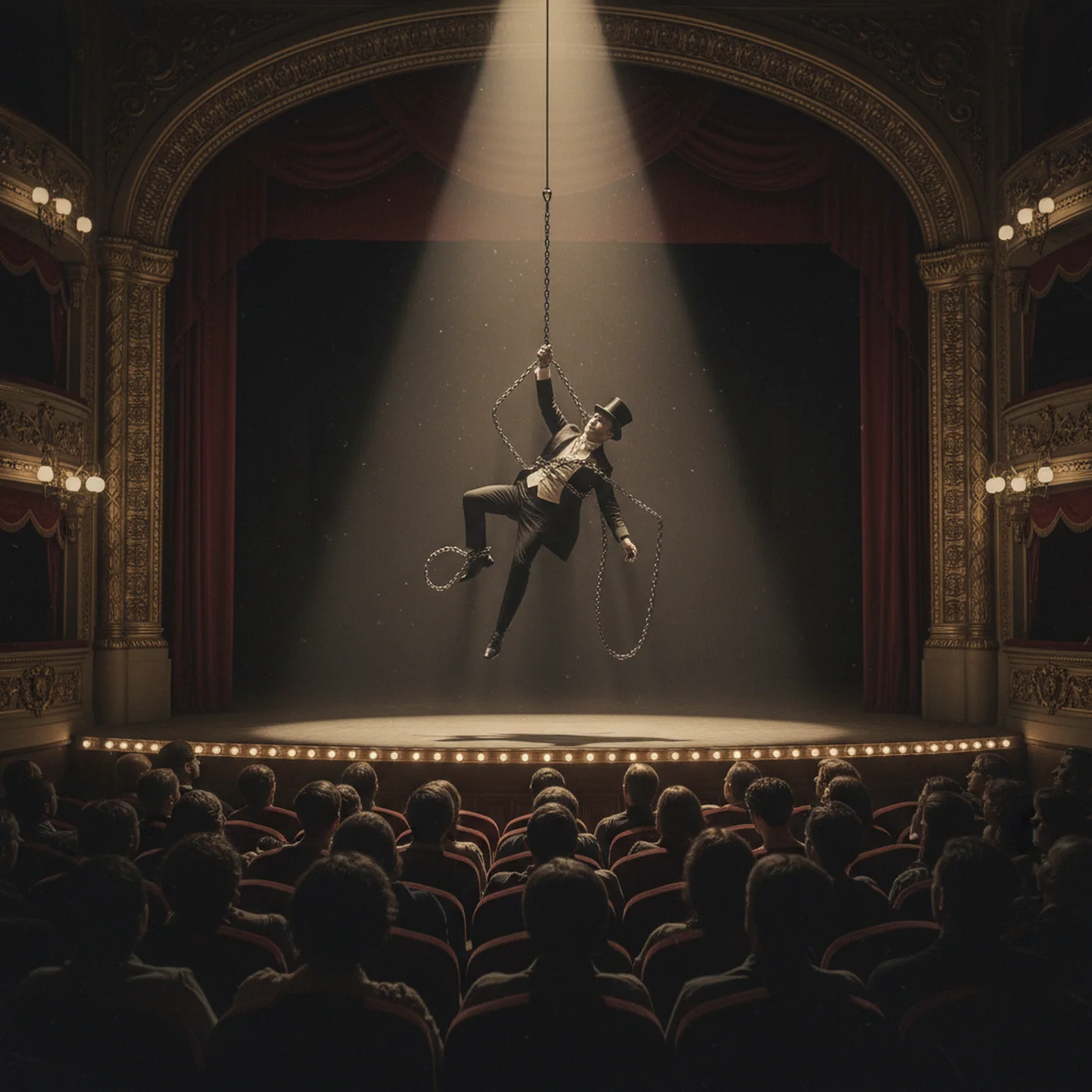Representação de escapista estilo Houdini em palco teatral, importante figura na história da mágica