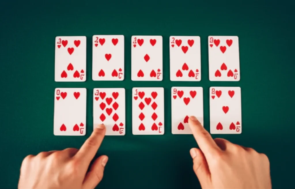 Mágico demonstrando truque com cartas dispostas em três fileiras sobre mesa
