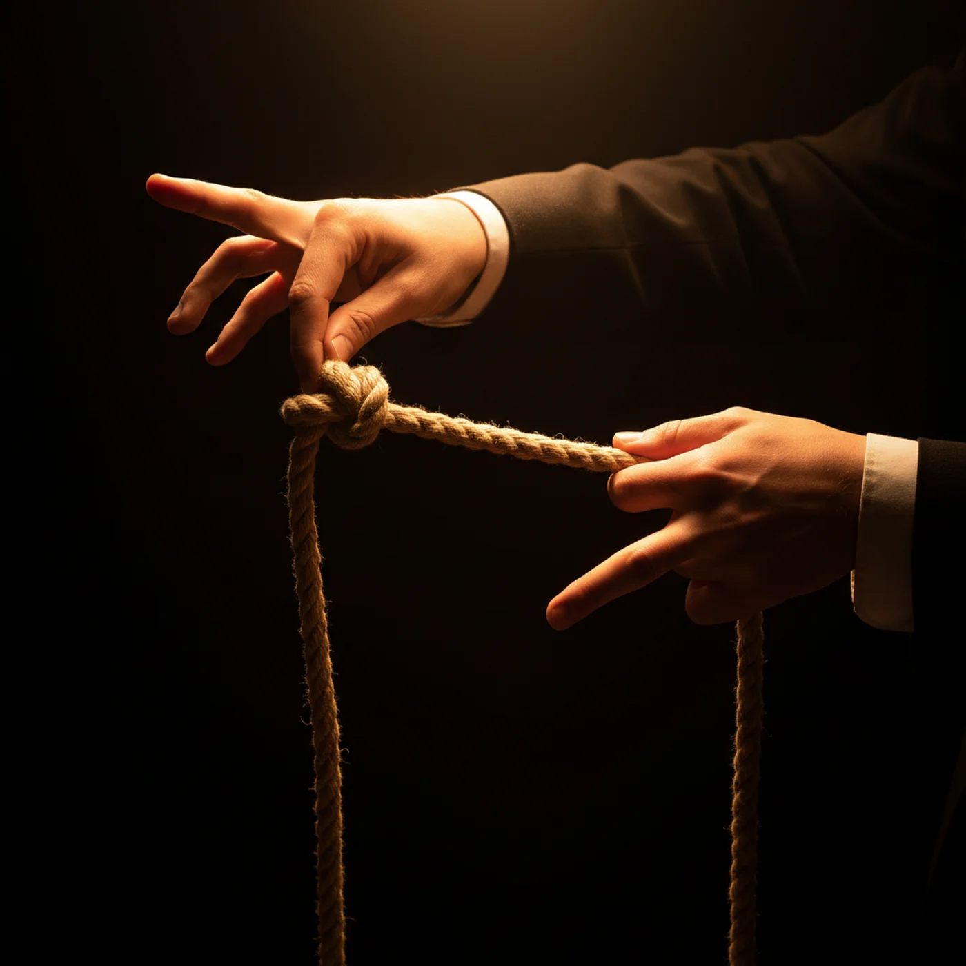 Mãos realizando truque de mágica com cordas mostrando nó desaparecendo