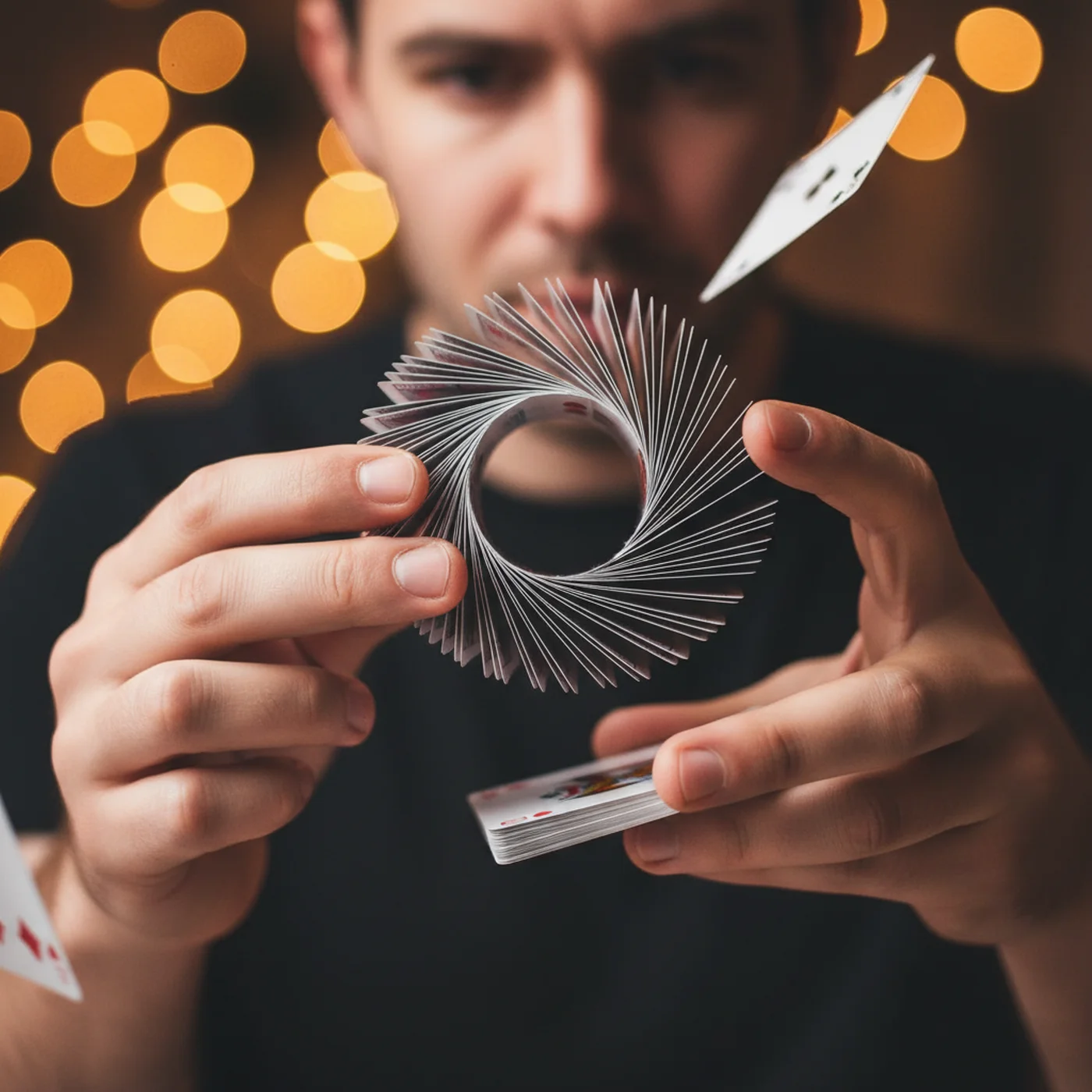 Mãos praticando flourish com cartas representando disciplina e perseverança na mágica